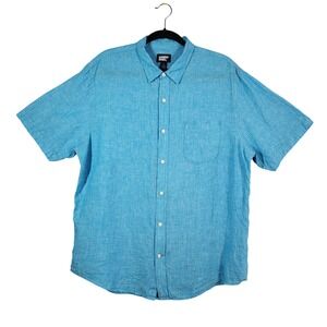 Lands' End Men's L 16–16.5 Blue 100% Linen Short Sleeve Button Down Shirt Summer